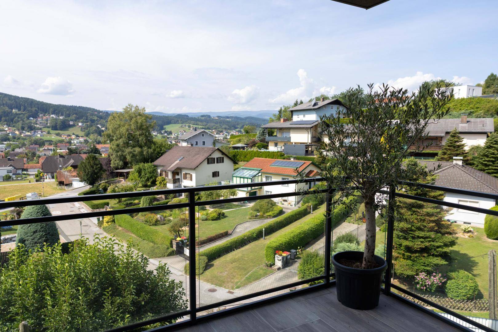 Geräumiger Balkon mit Glasgeländer, Topfpflanze und weitem Blick über die umliegende Wohngegend.