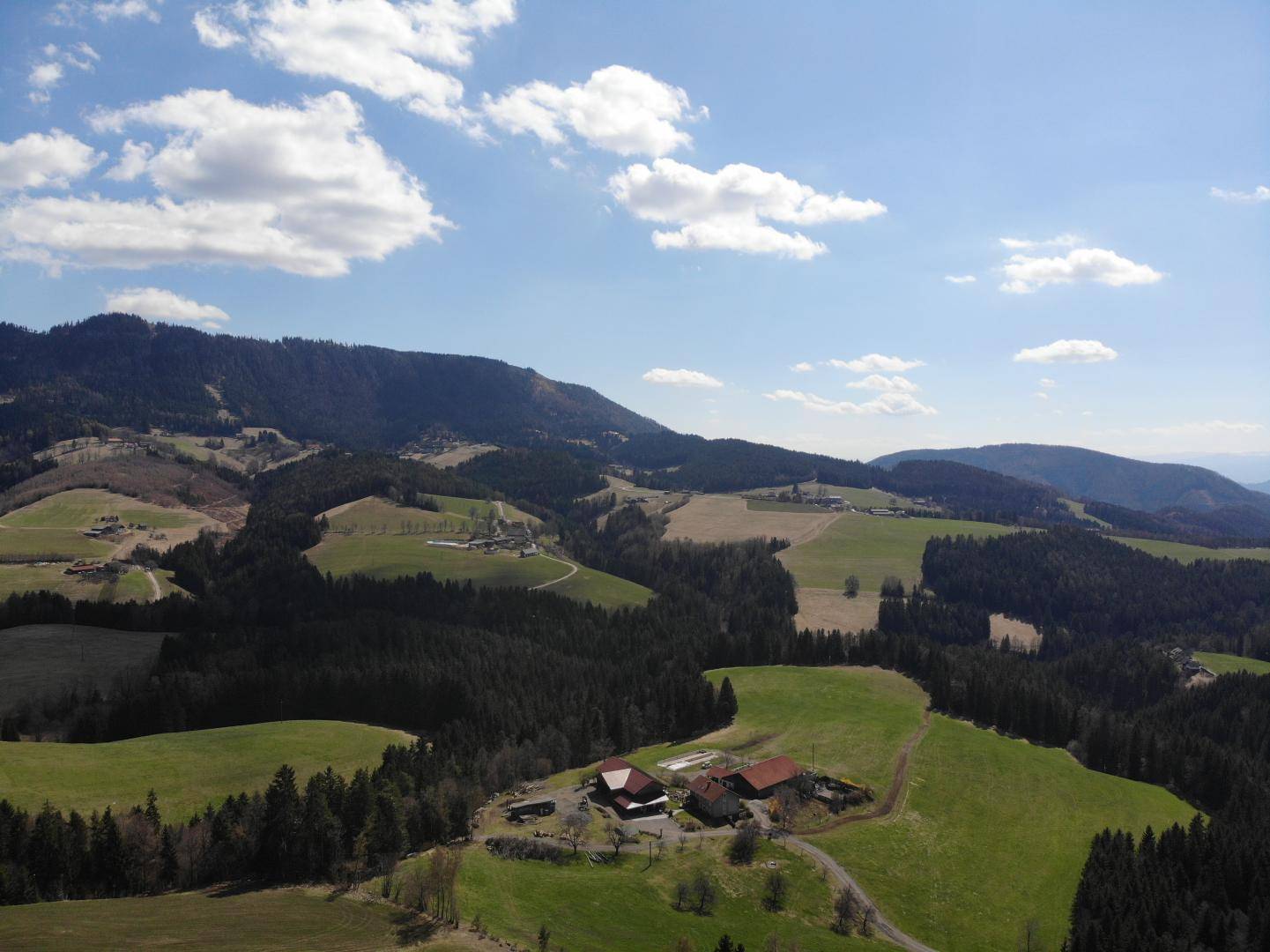 Luftaufnahme einer weitläufigen hügeligen Landschaft mit grünen Wiesen, dichten Wäldern und verstreuten Häusern.