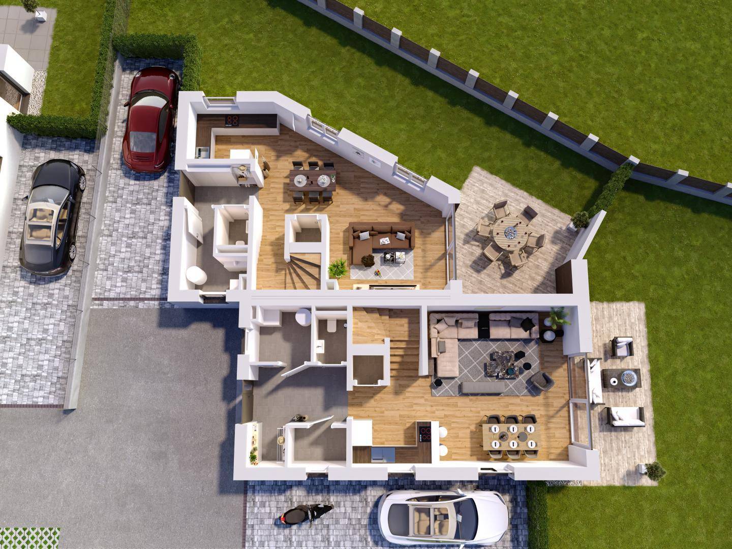 Grundriss des Erdgeschosses mit offenem Wohn-Essbereich, Küche und direktem Zugang zur Terrasse.
