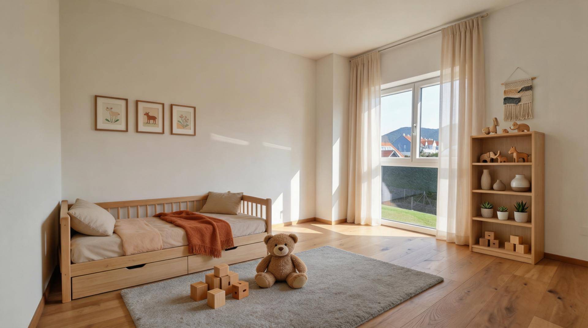 Helles Kinderzimmer mit Holzboden, Einzelbett und großem Fenster mit Blick ins Grüne.