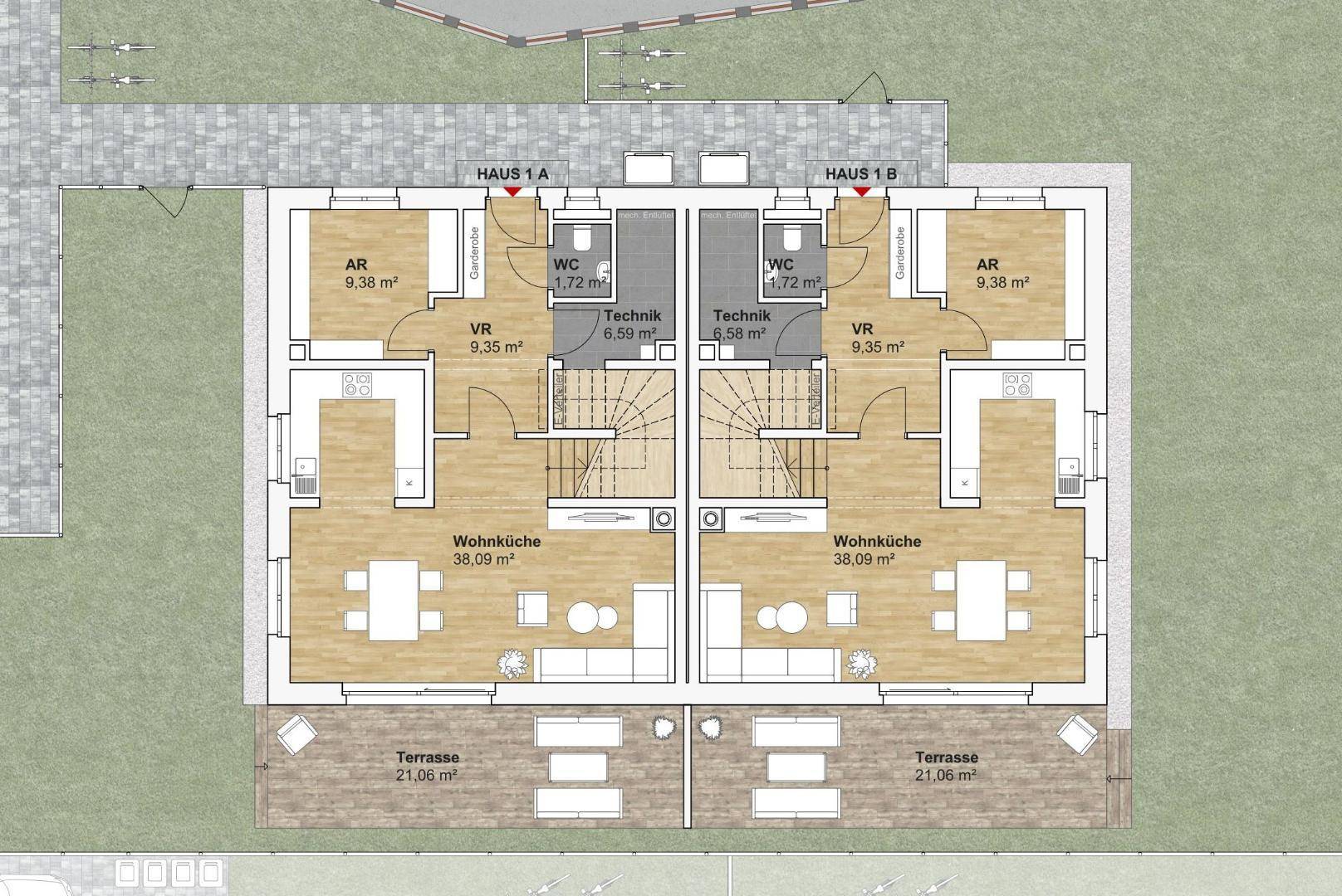 Grundriss des Erdgeschosses mit offener Wohnküche, WC und Terrasse für zwei Wohneinheiten.