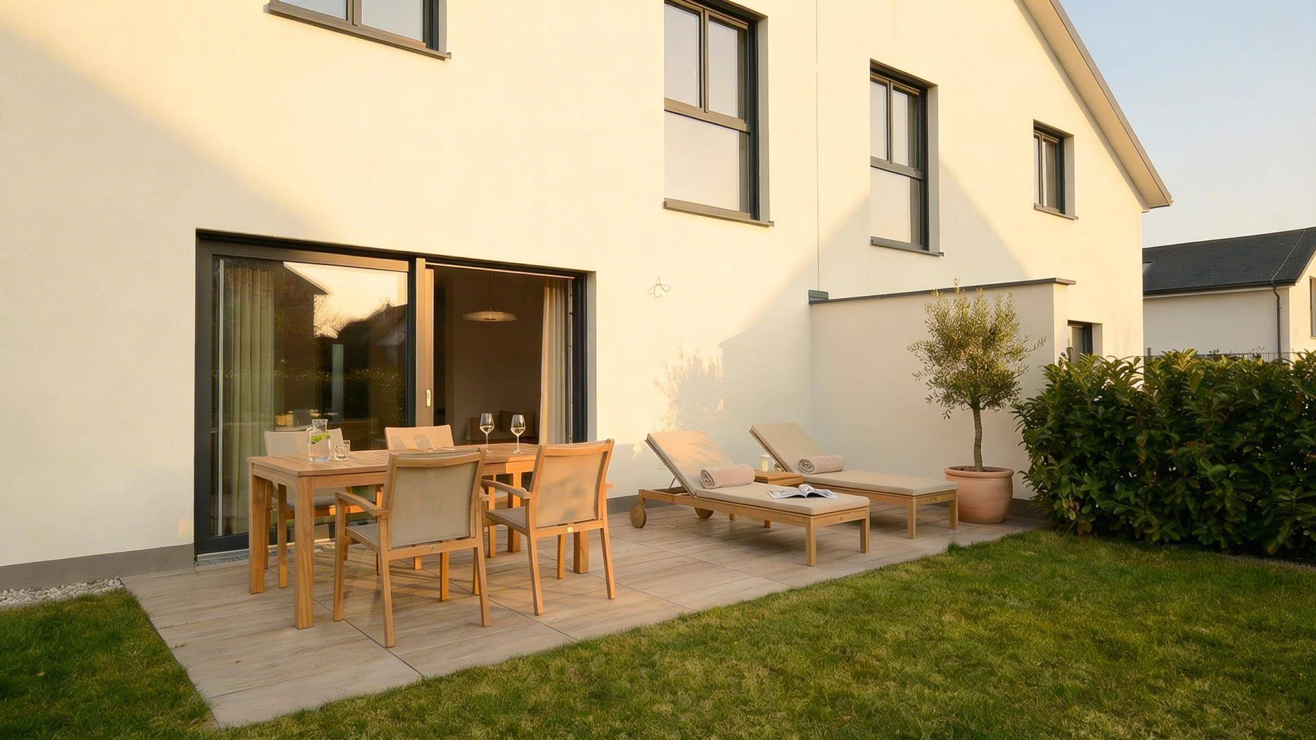 Sonniger Terrassenbereich mit Holzboden, Gartenmöbeln und Liegestühlen neben dem Rasen.