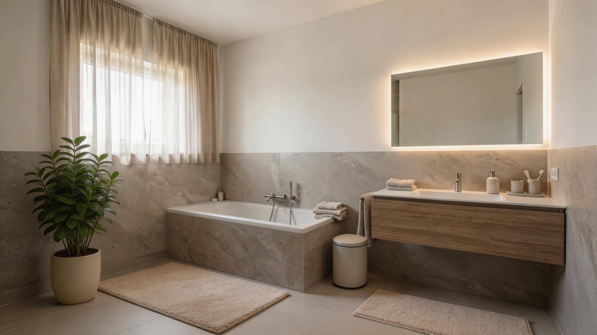 Modernes Badezimmer mit Badewanne, elegantem Waschtisch und großformatigen Fliesen in neutralen Farben.