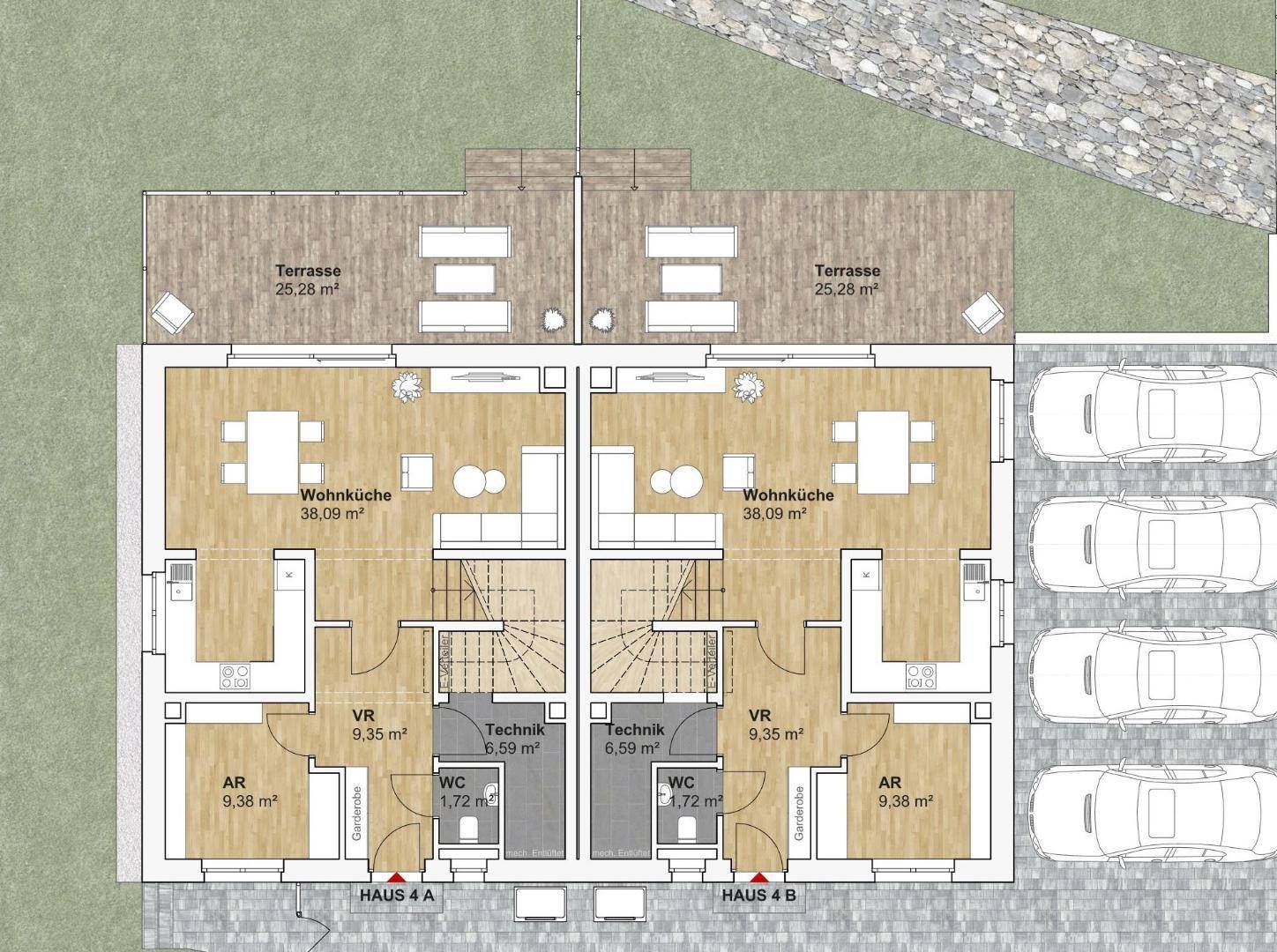 Grundriss des Erdgeschosses mit offener Wohnküche, Terrasse und Parkplätzen.