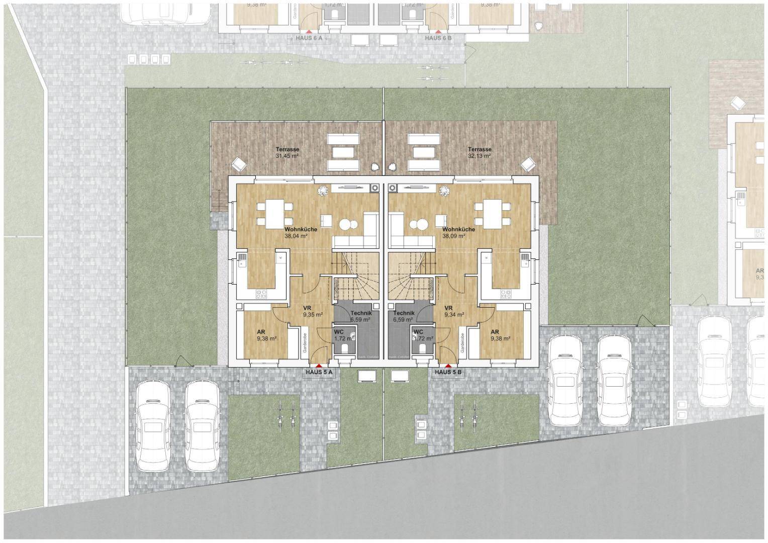 Grundriss des Erdgeschosses mit offener Wohnküche, Terrasse und Parkplätzen für zwei Häuser.