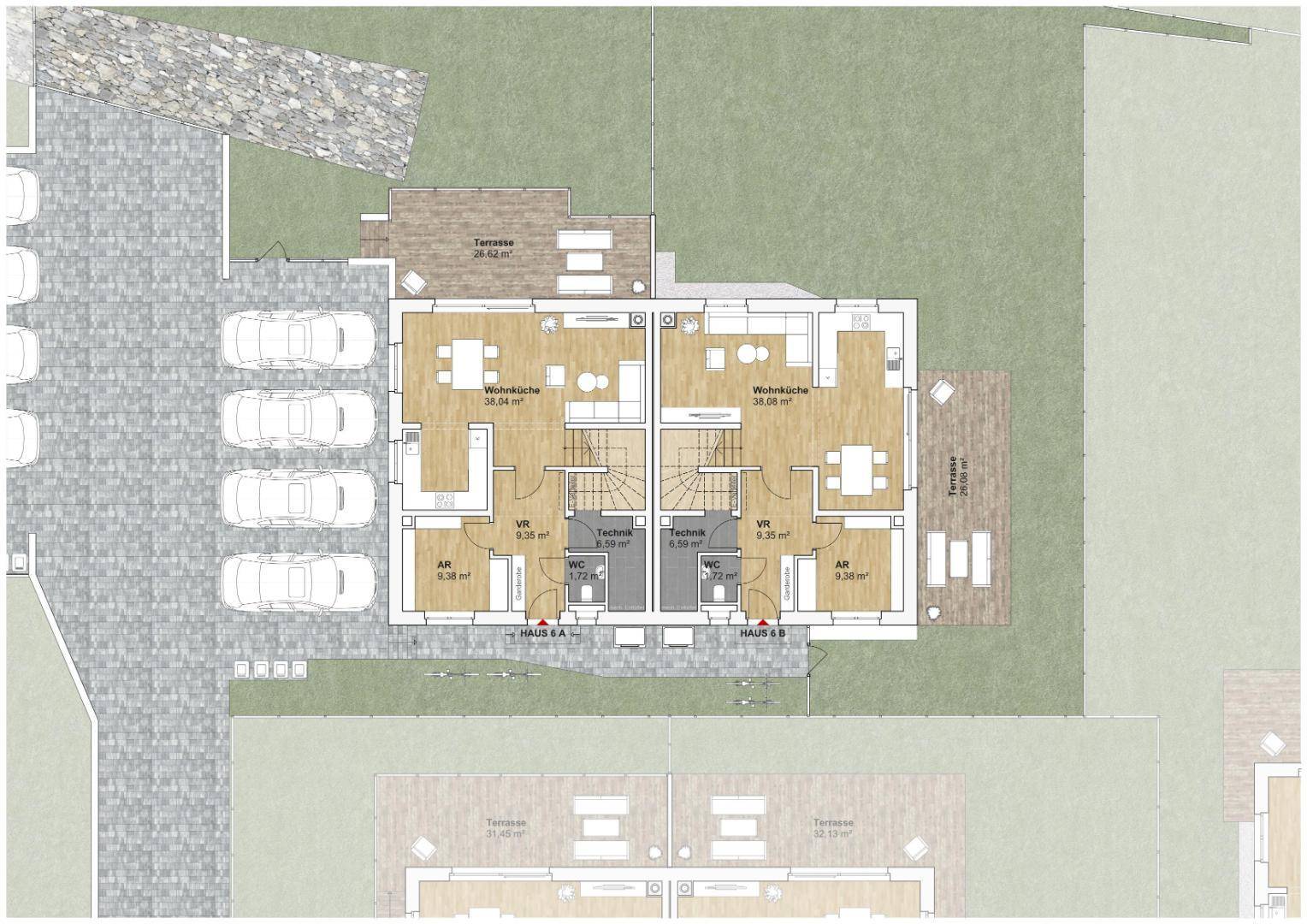 Grundriss des Erdgeschosses mit Wohnküchen, Terrassen und Parkplätzen für zwei Wohneinheiten.