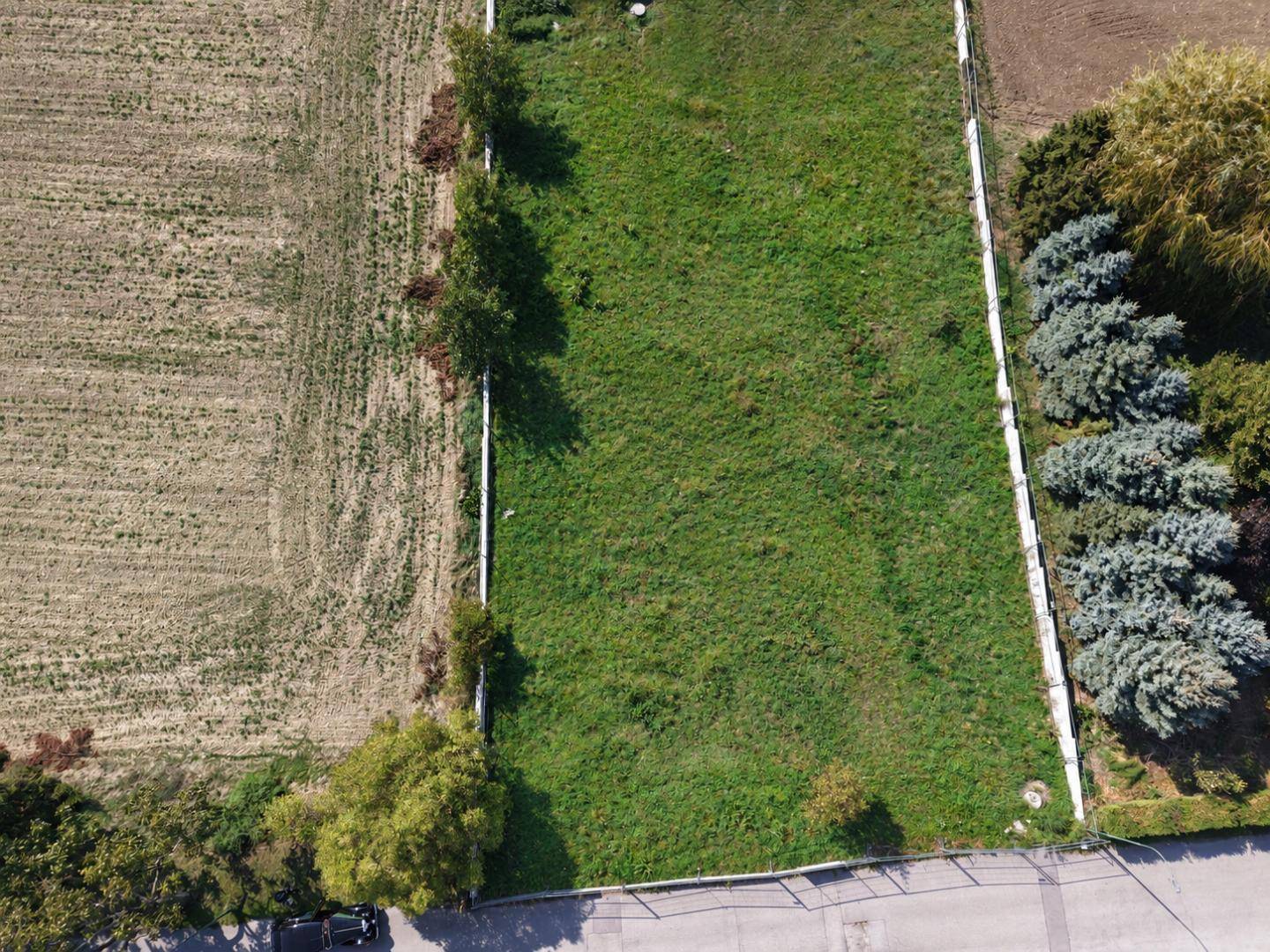 Luftbild eines grünen Grundstücks mit angrenzenden Feldern und einer Straße.