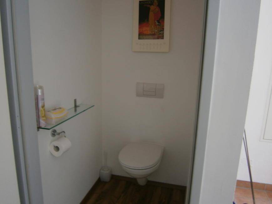 Kleines Gäste-WC mit wandhängender Toilette, Holzfußboden und einem Bild an der Wand.