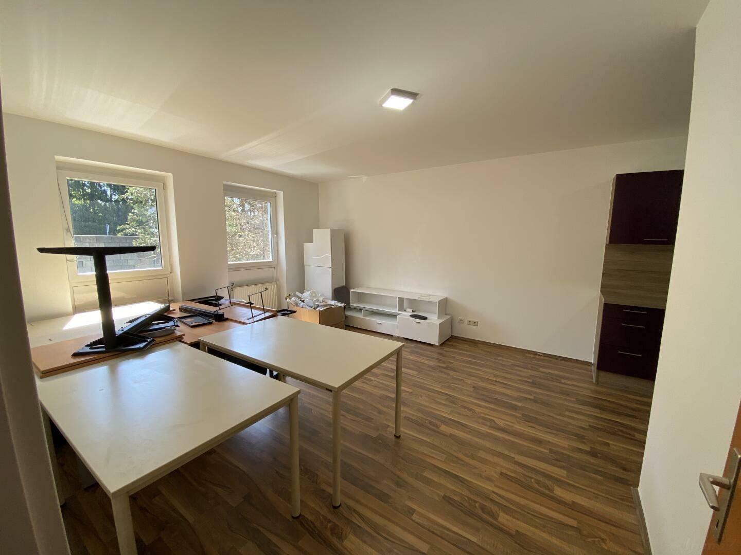 Heller Wohnraum mit Laminatboden, Fenstern und Blick auf den grünen Außenbereich.