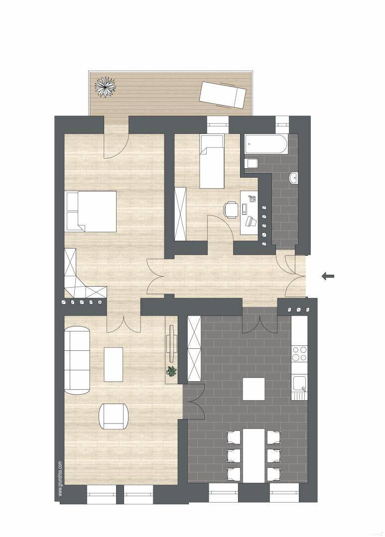 Grundriss einer Wohnung mit Terrasse, zwei Schlafzimmern und offenem Wohnbereich.