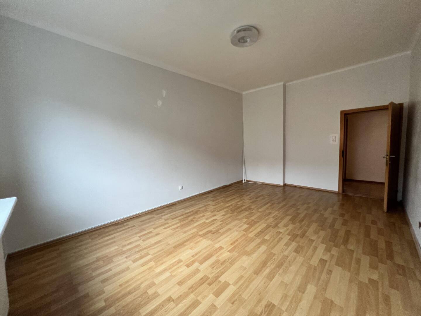 Geräumiges Zimmer mit Laminatboden und schlichten weißen Wänden, ideal als Schlaf- oder Wohnbereich.