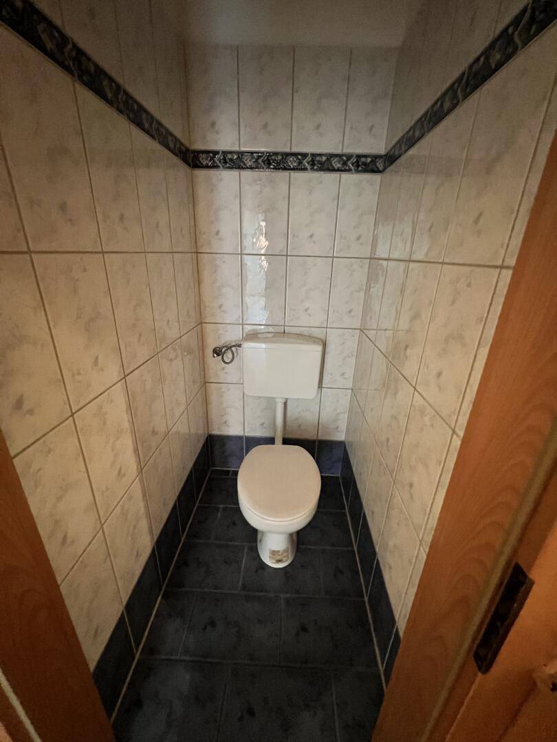 Separates WC mit Stehtoilette und Fliesen in Weiß und Dunkelblau, funktional und sauber.