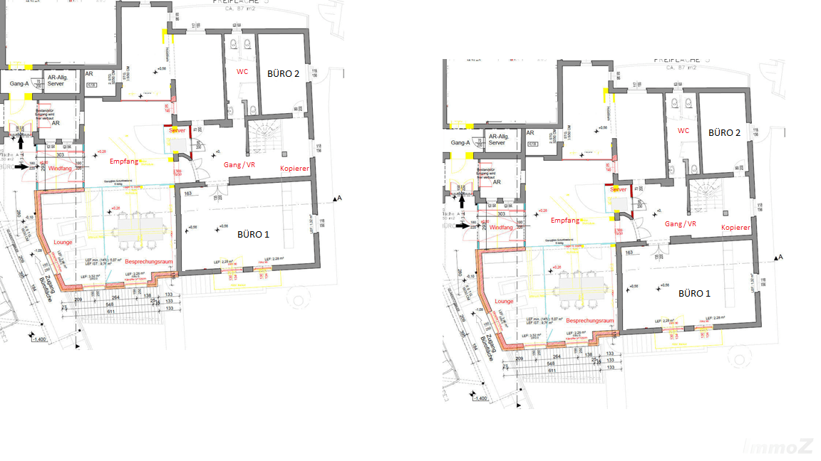 Grundrissplan zeigt die Aufteilung von Büros, Empfang und Besprechungsraum auf einer Etage.