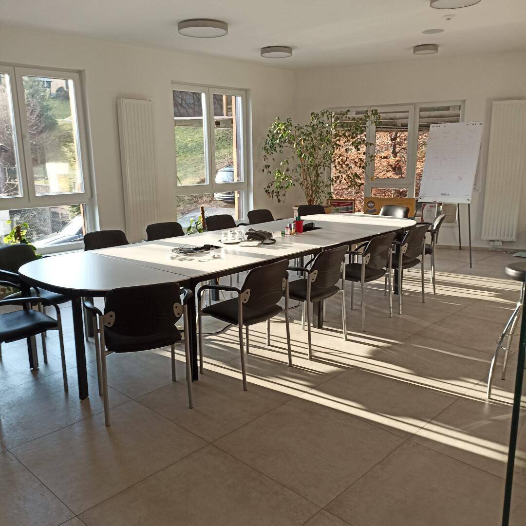 Heller Konferenzraum mit großem Tisch, vielen Stühlen und großen Fenstern mit Blick ins Grüne.