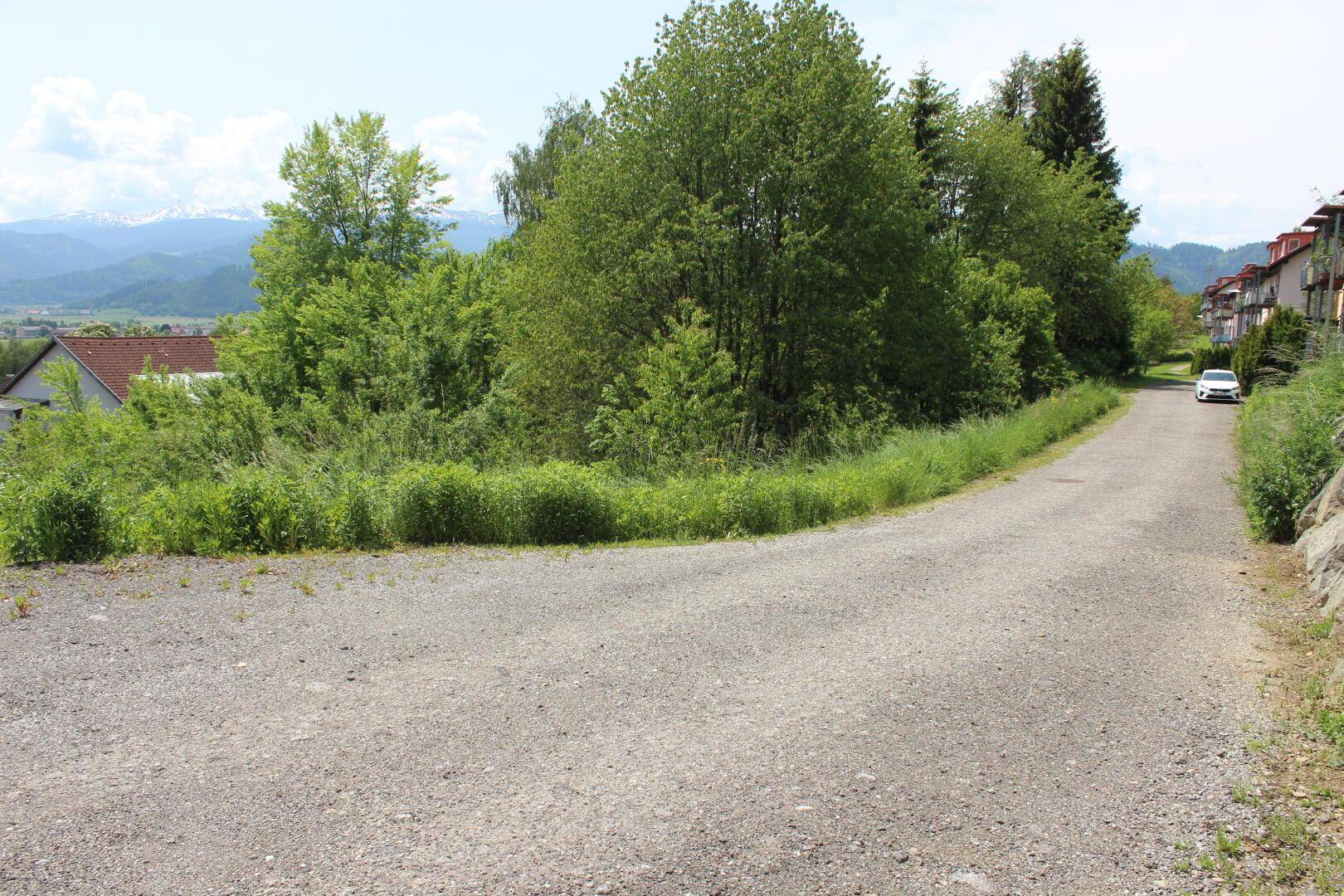 Schotterweg führt an einem bewachsenen Hang vorbei zu Wohngebäuden in der Ferne.