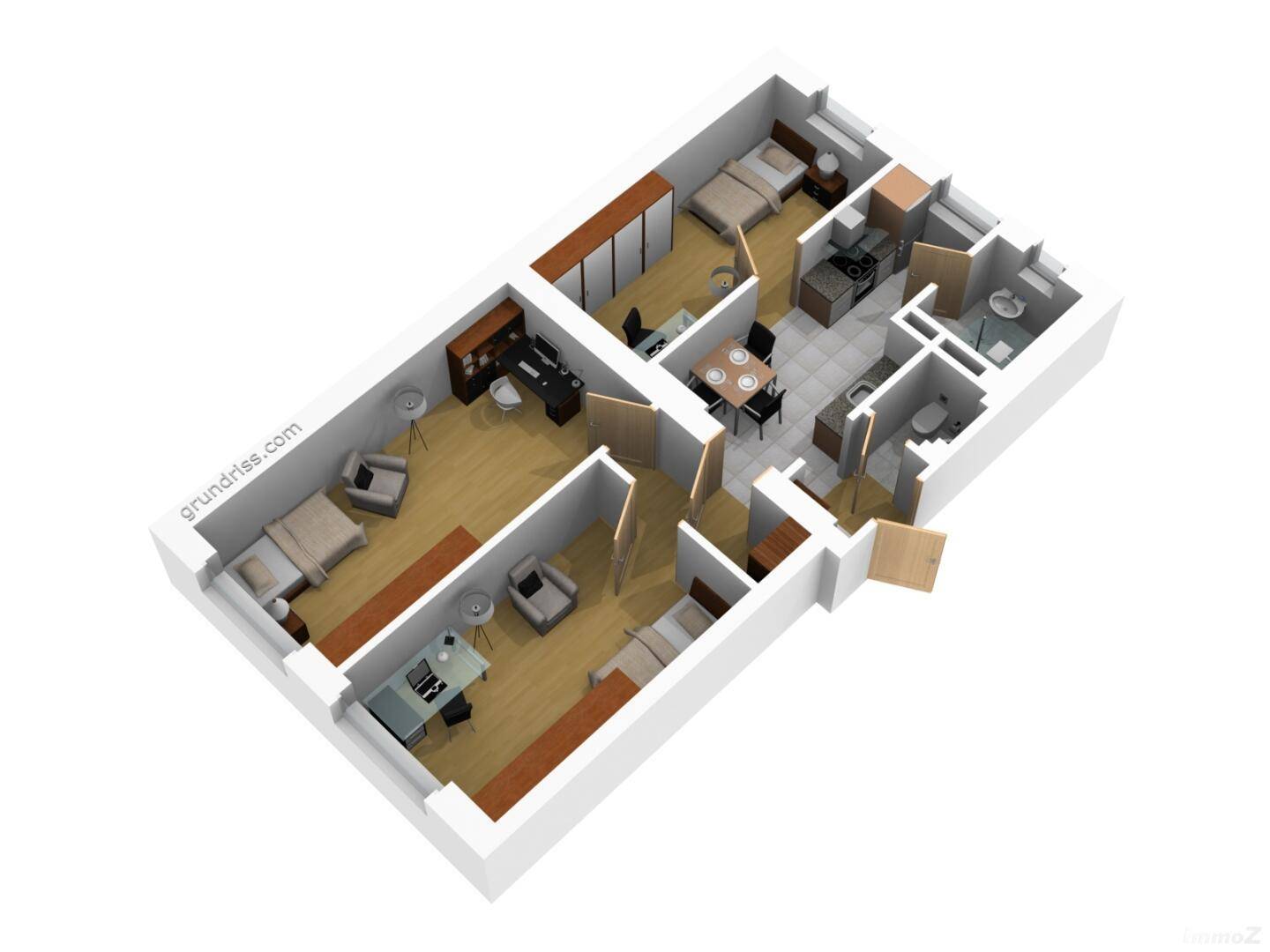 Dreidimensionaler Grundriss einer Wohnung mit mehreren Zimmern und Möblierungsvorschlägen.
