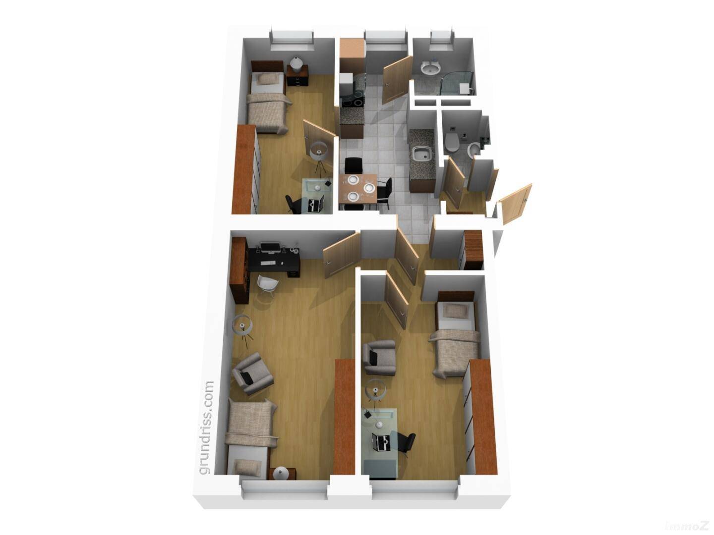Detaillierter 3D-Grundriss einer Wohnung mit mehreren Zimmern und funktionaler Aufteilung.