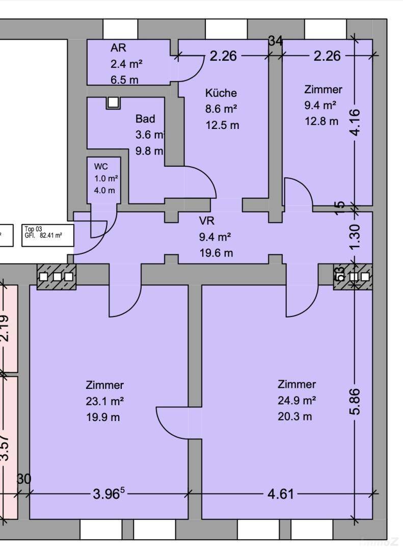 Detaillierter Grundriss der Wohnung mit Raumaufteilung und Flächenangaben in Quadratmetern.
