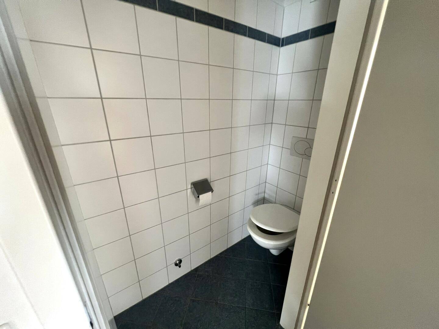 Separate Toilette mit weißen Wandfliesen und dunklem Bodenbelag.