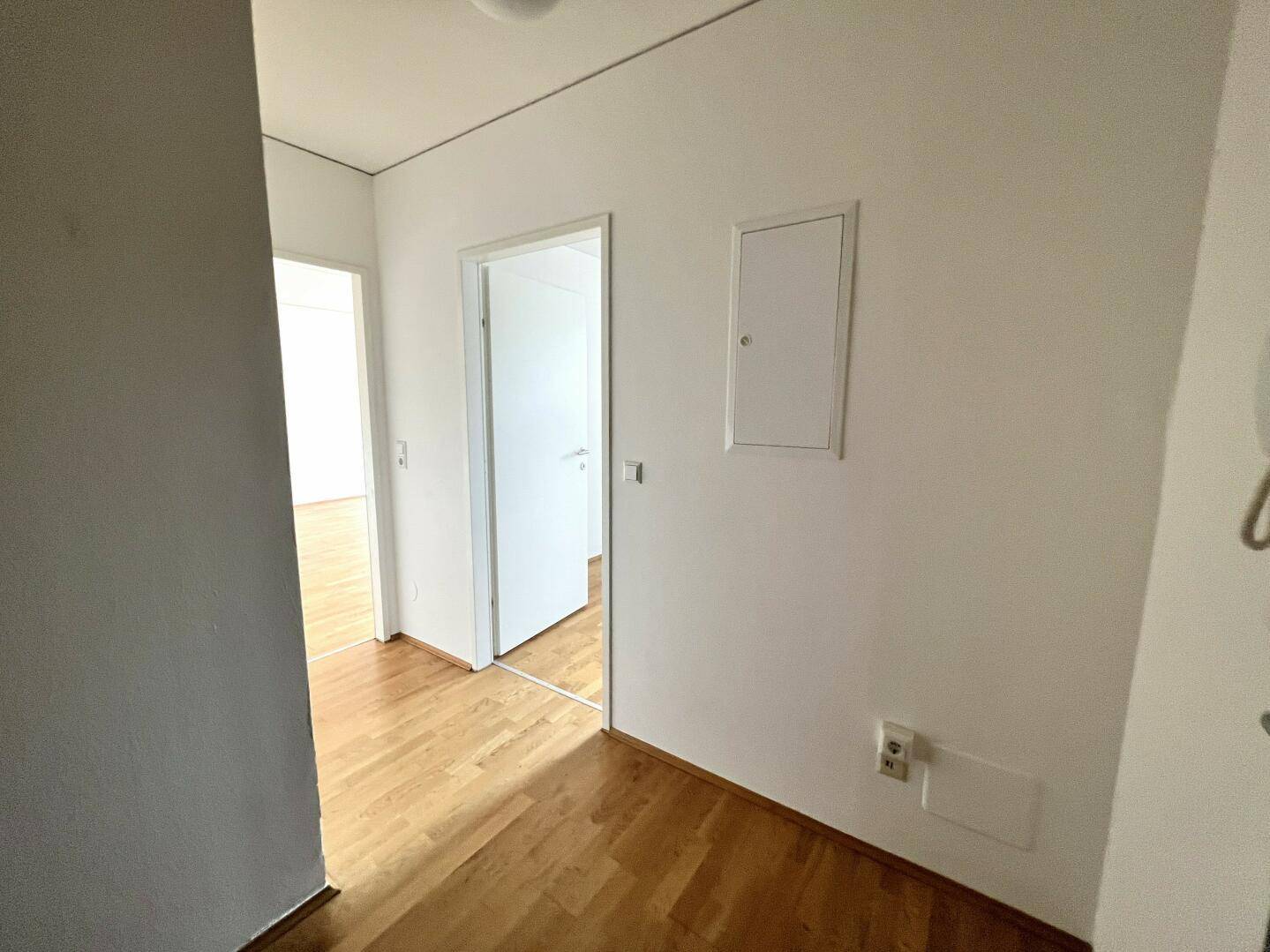Heller Flur mit Parkettboden und Zugang zu weiteren Räumen der Wohnung.