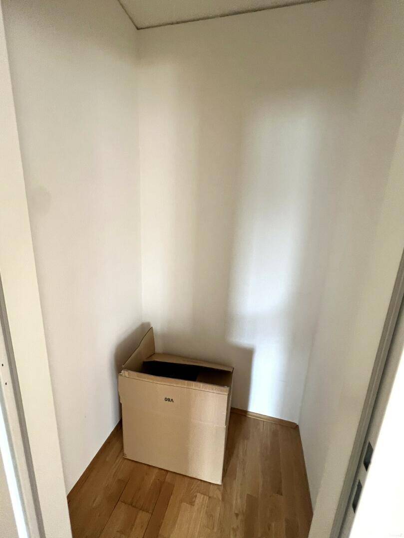 Praktischer Abstellraum mit Parkettboden, ideal für zusätzlichen Stauraum.