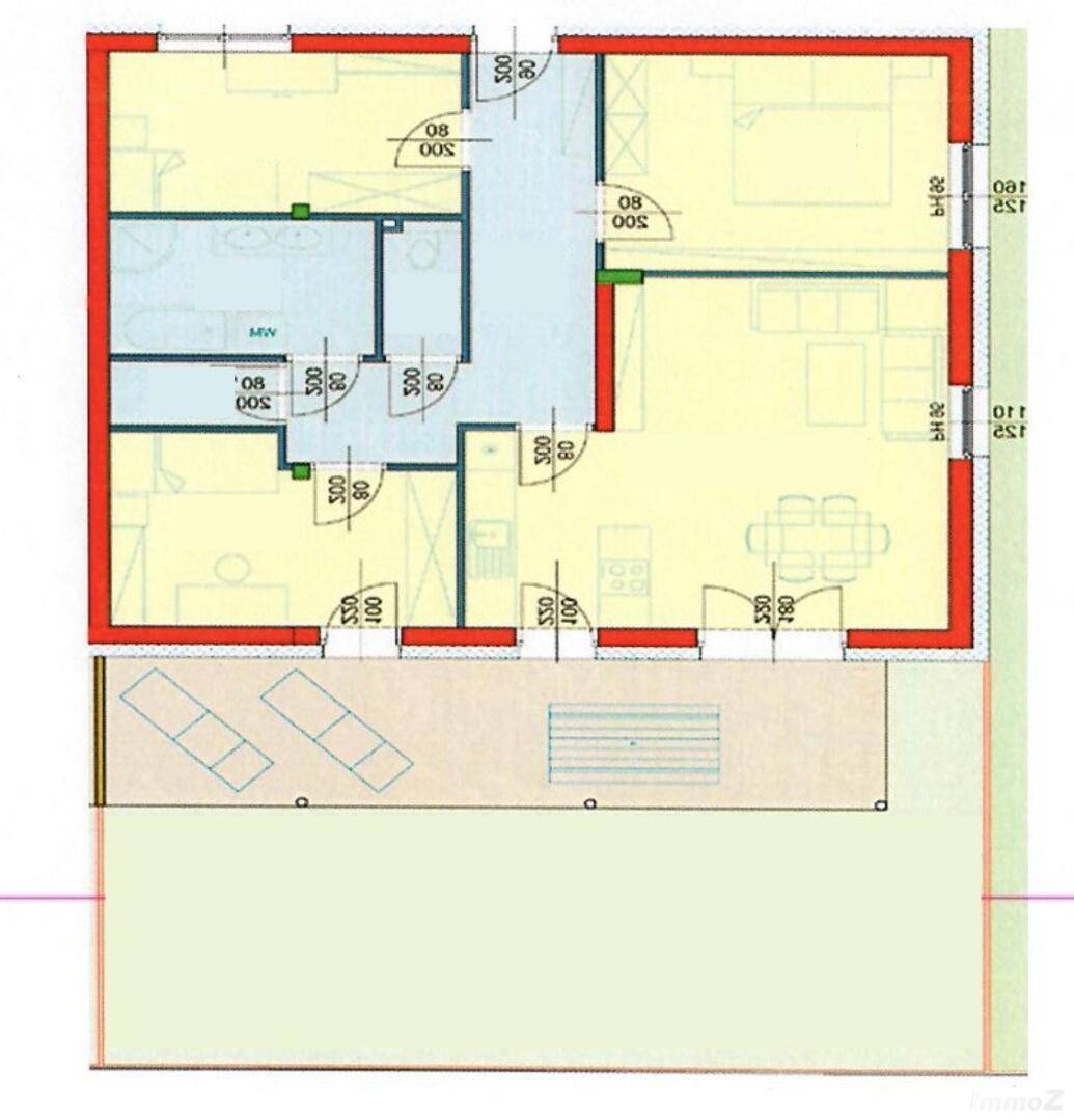 Grundriss der Wohnung mit offener Küche, Wohnbereich und großer Terrasse.