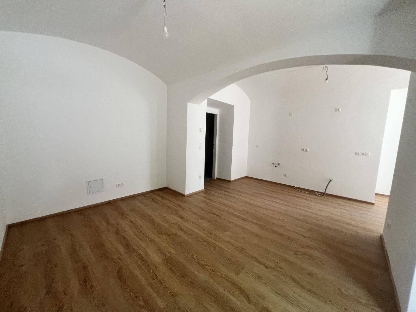 Weitläufiger Wohnraum mit Laminatboden und gewölbter Decke, ideal für offenes Wohnen.