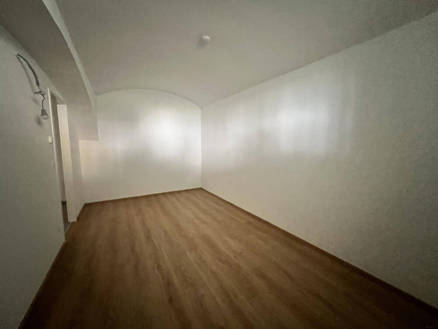 Geräumiges, helles Zimmer mit Laminatboden und gewölbter Decke, ideal für ein Schlafzimmer.