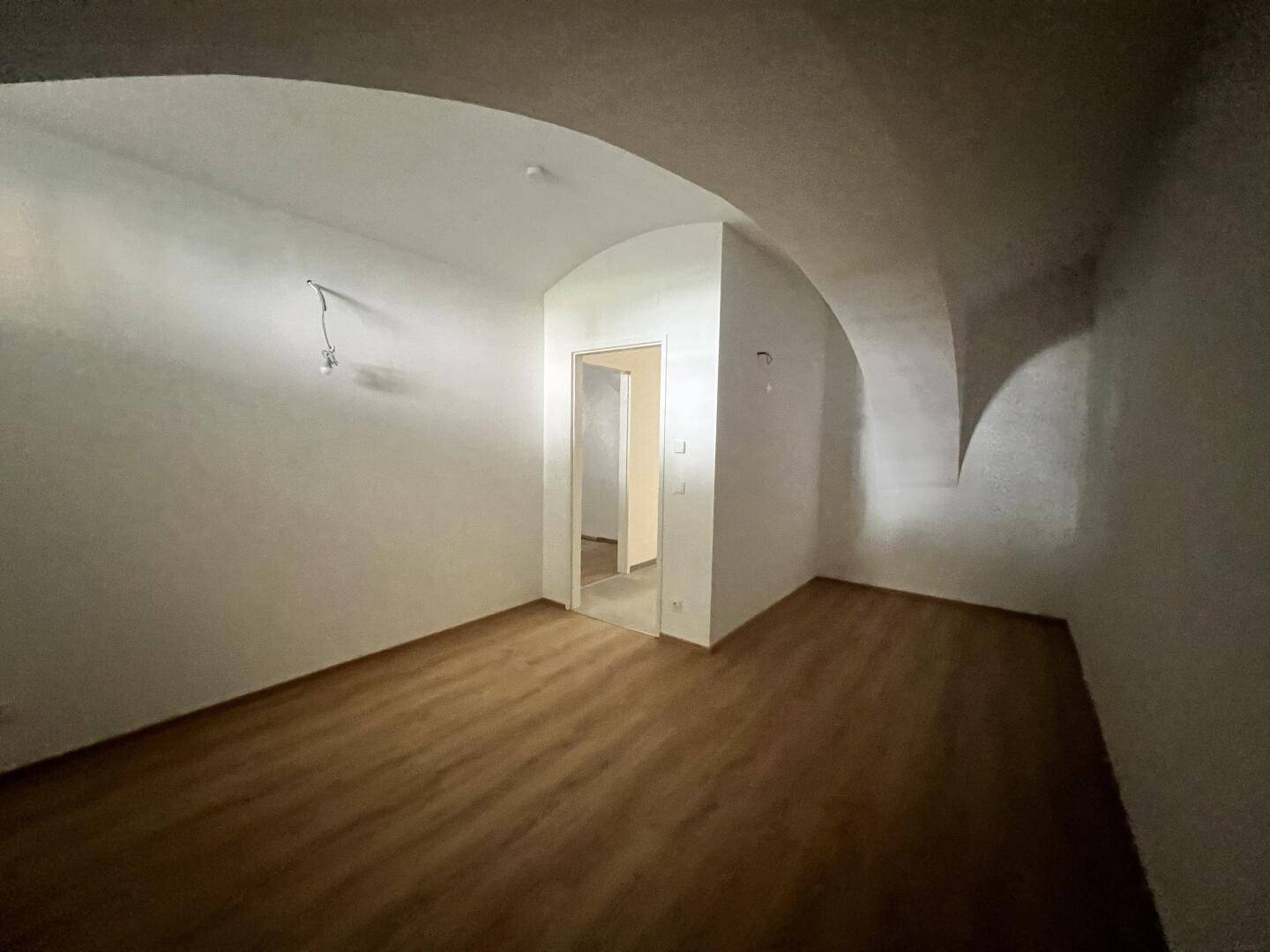 Geräumiges Zimmer mit Laminatboden, weißen Wänden und einer markanten Gewölbedecke.