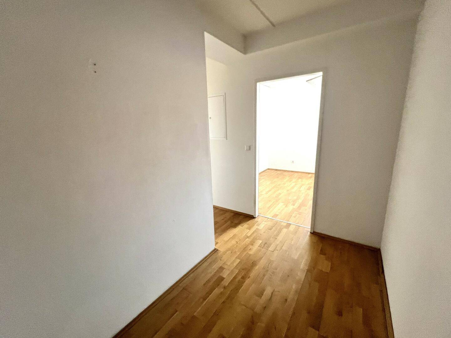 Heller Flur mit Holzboden, der zu weiteren Räumen der Wohnung führt.