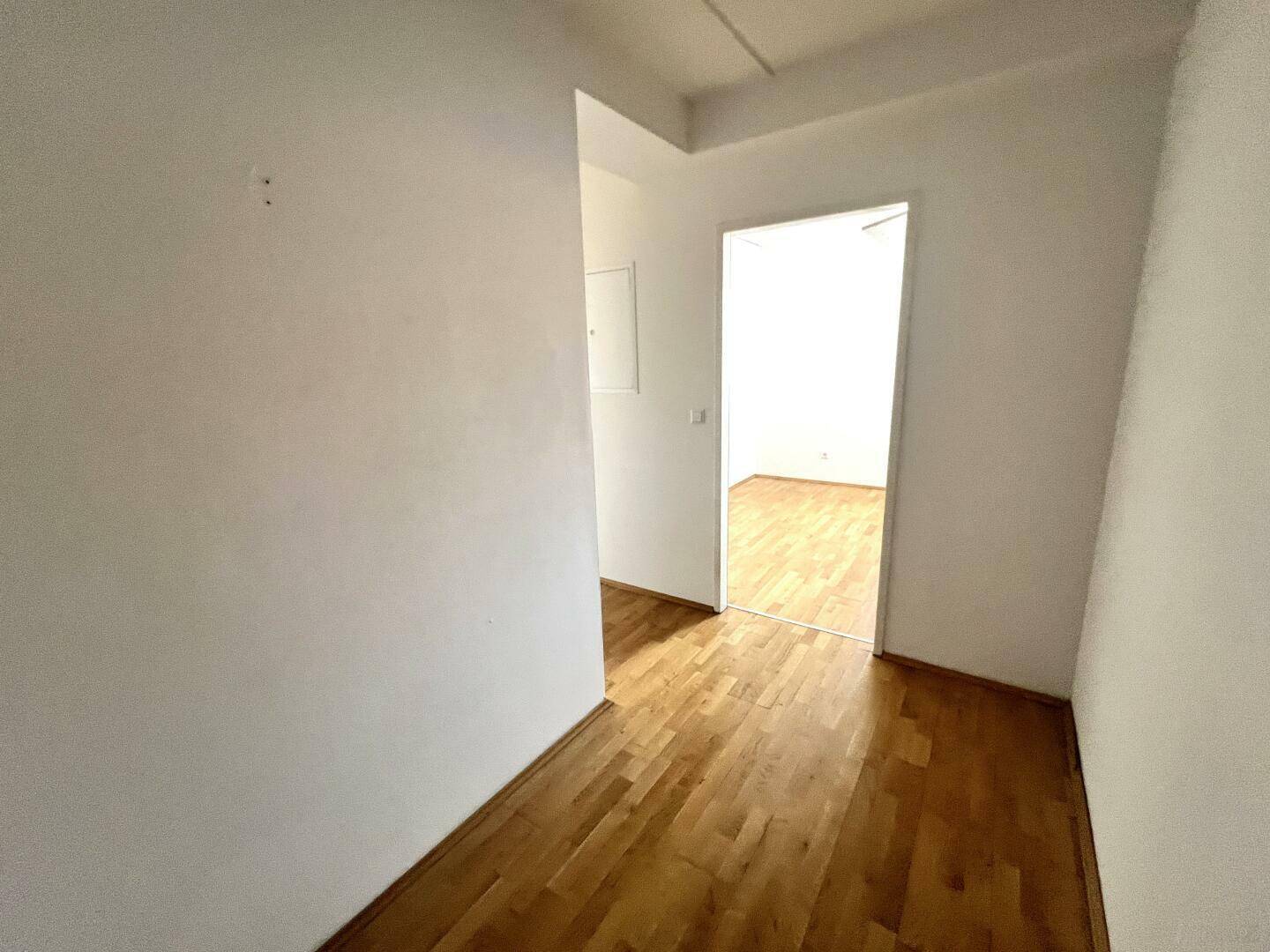 Heller Flur mit Parkettboden, der zu weiteren Räumen der Wohnung führt.