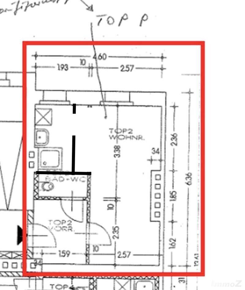 Grundriss des Apartments mit Wohnbereich, Küchenzeile und Bad-WC-Kombination.