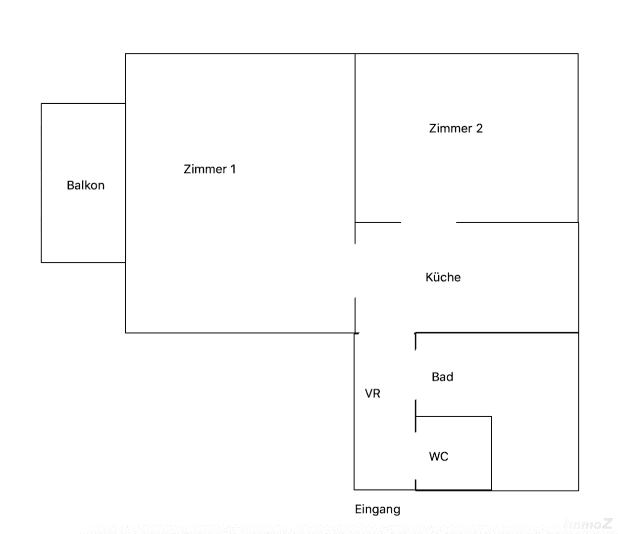 Einfacher Grundriss einer Wohnung mit zwei Zimmern, Küche, Bad und separatem WC.