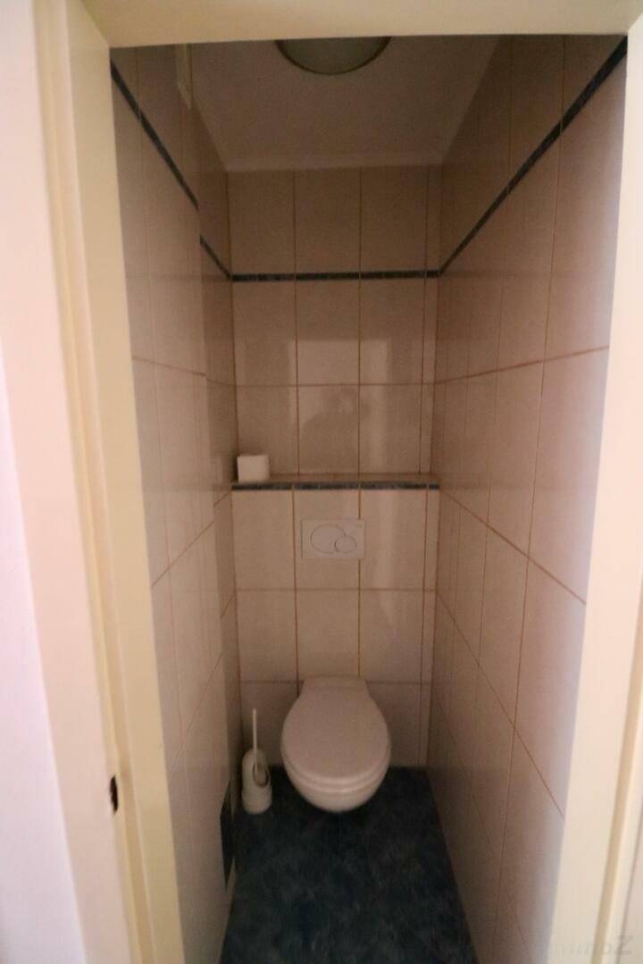 Kleine separate Toilette mit hellen Fliesen an den Wänden und dunklem Boden.