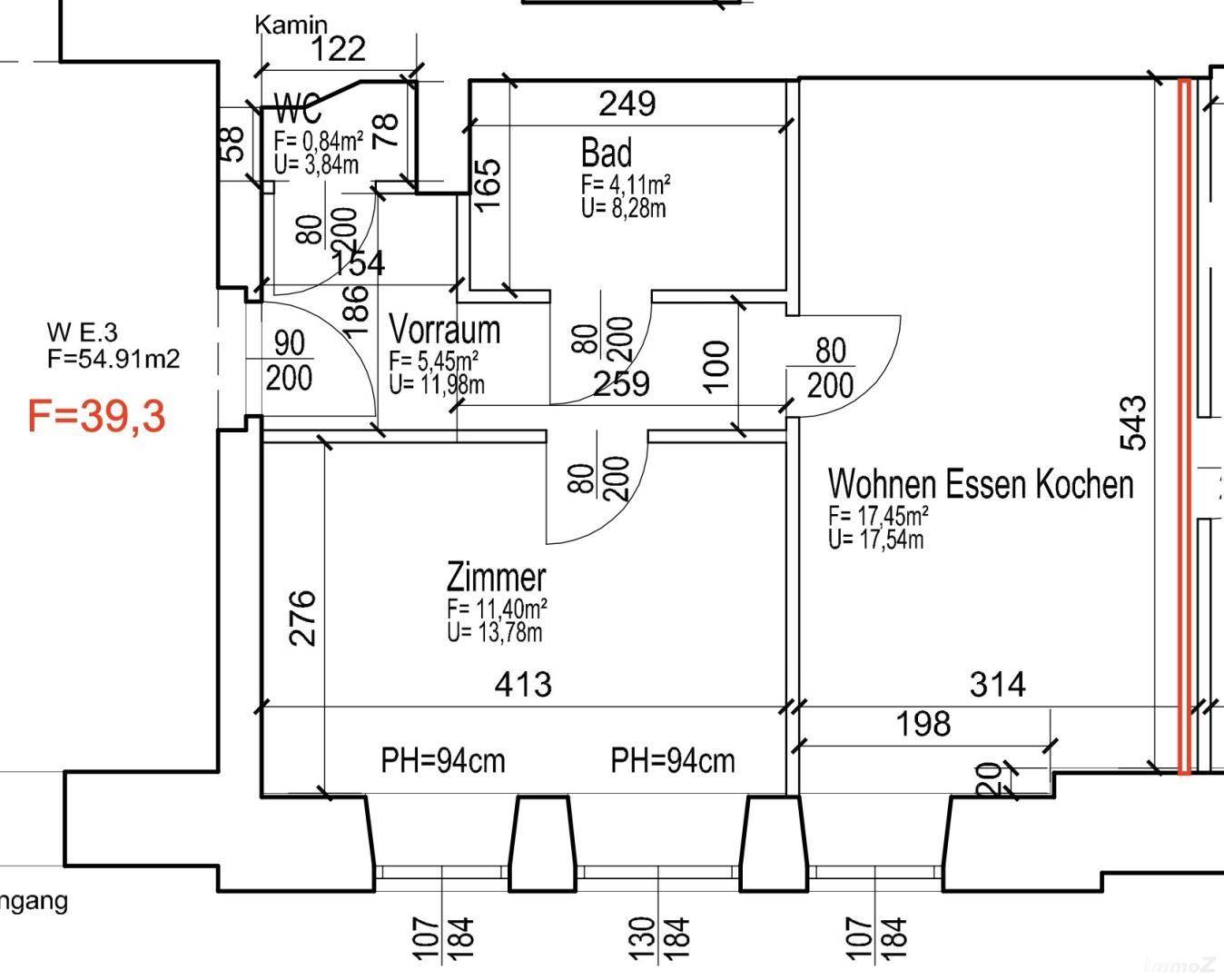 Grundriss einer Wohnung mit offenem Wohn-Ess-Kochbereich, einem Zimmer, Bad und separatem WC.