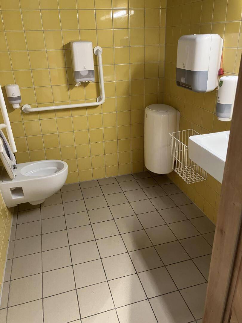 Barrierefreie Toilette mit gelben Fliesen, Haltegriffen und einem wandhängenden WC, funktional und zugänglich.