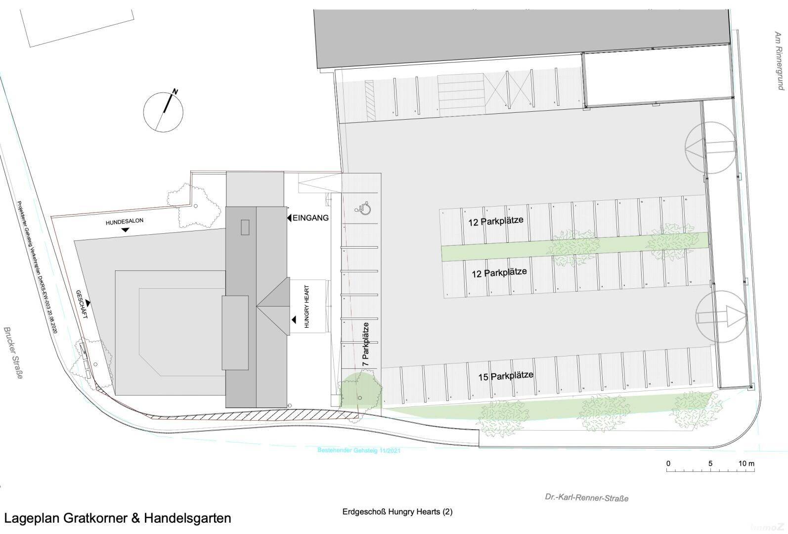 Lageplan des Grundstücks mit eingezeichneten Parkplätzen und Zugangsbereichen, übersichtlich dargestellt.