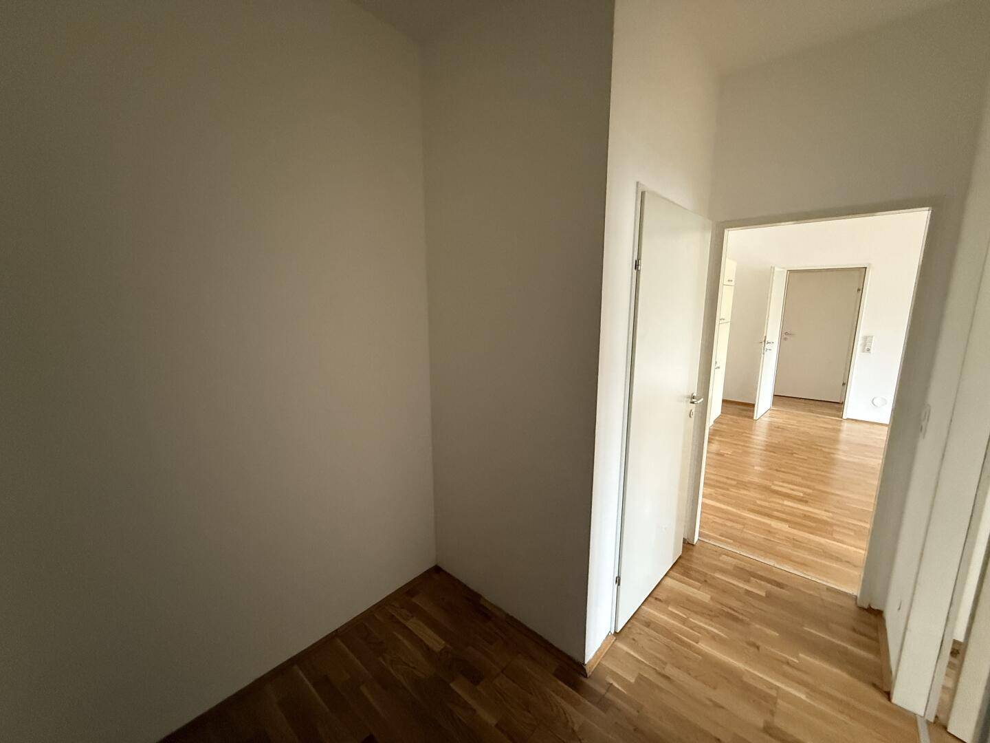 Heller Flur mit Holzboden und Zugang zu mehreren Zimmern, der einen einladenden Eingangsbereich schafft.