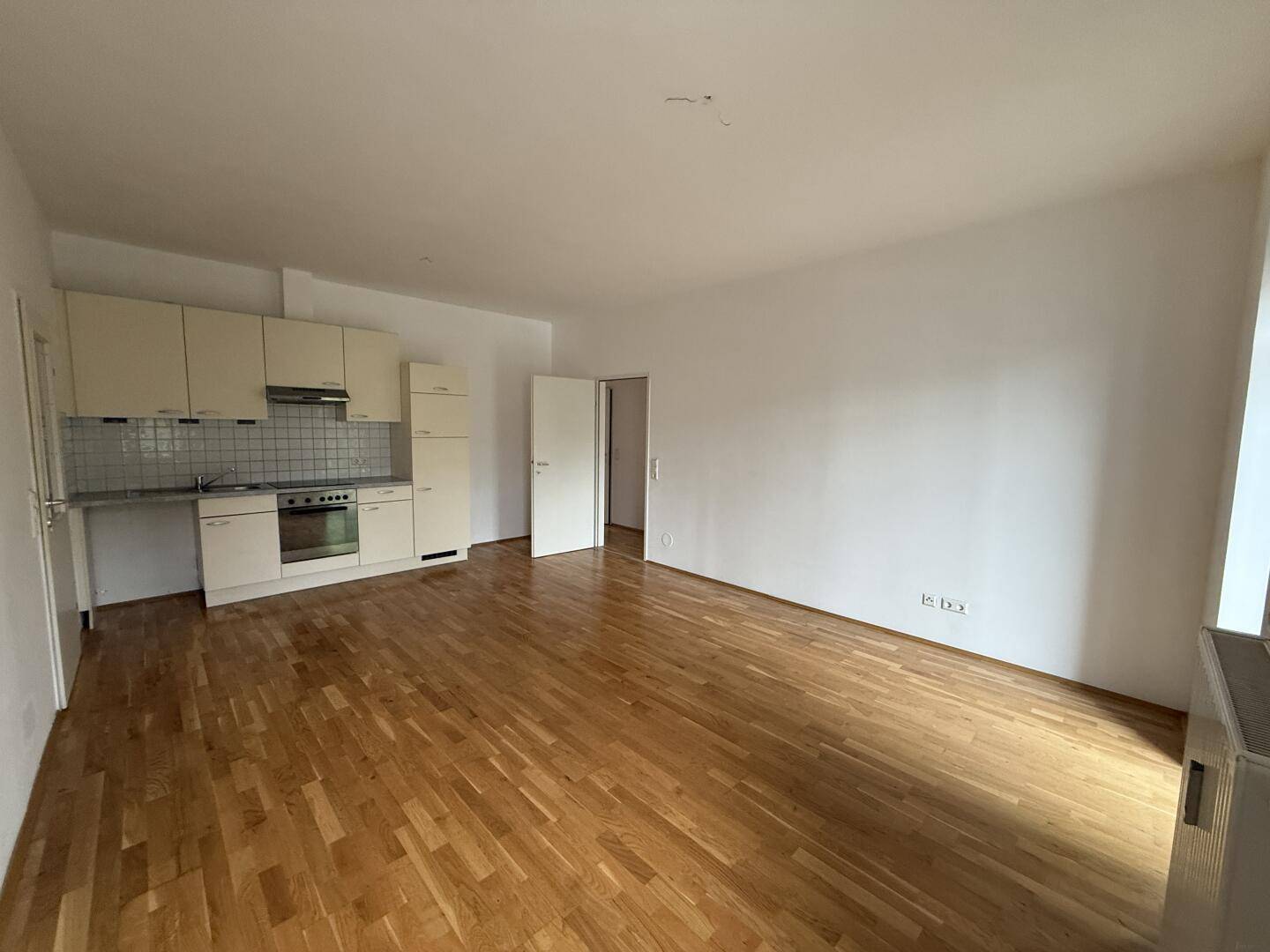 Offener Wohnbereich mit integrierter Küchenzeile und hellem Holzboden, ideal für modernes Wohnen.