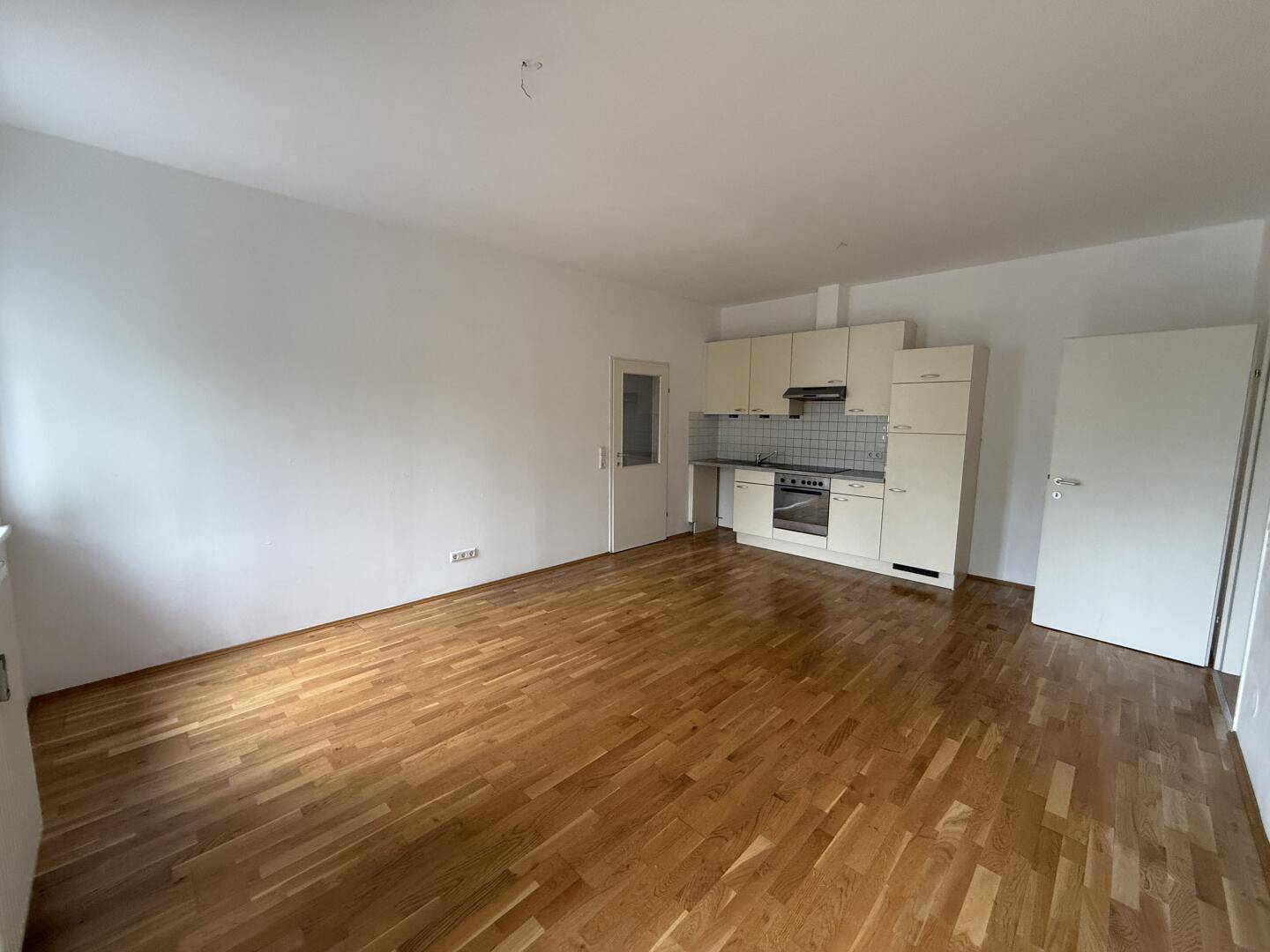 Geräumiger Wohnbereich mit funktionaler Küchenzeile und Parkettboden, bietet viel Platz.