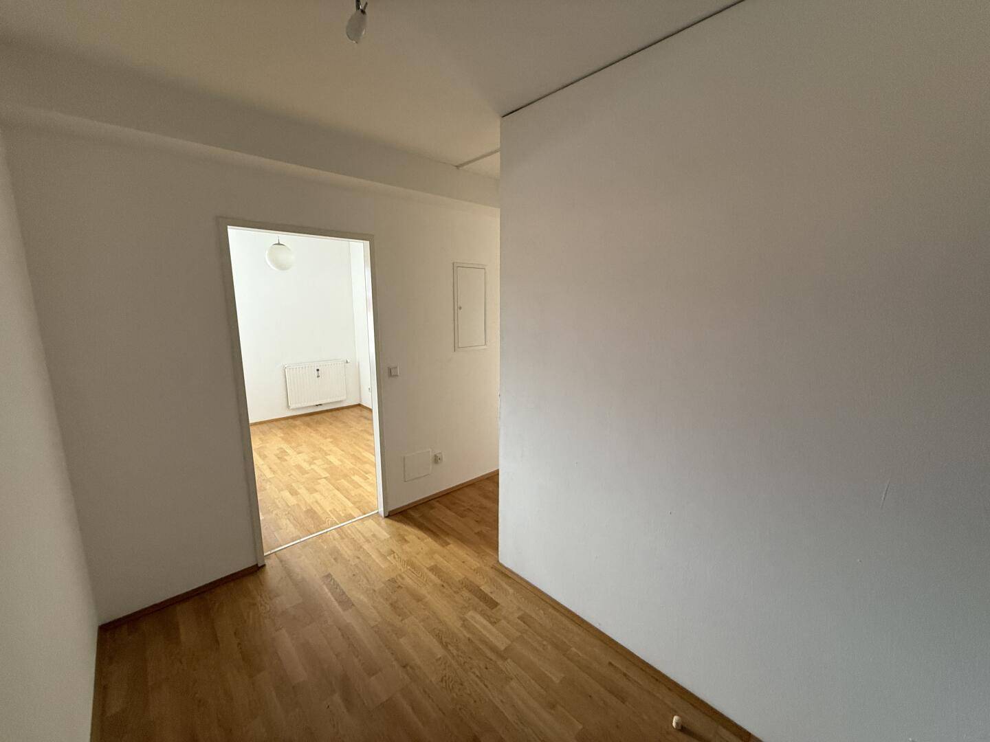 Heller Flur mit Parkettboden und weiß gestrichenen Wänden, der zu weiteren Räumen führt.
