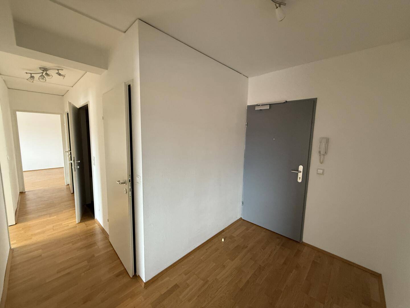Eingangsbereich mit Parkettboden, weiß gestrichenen Wänden und Gegensprechanlage.