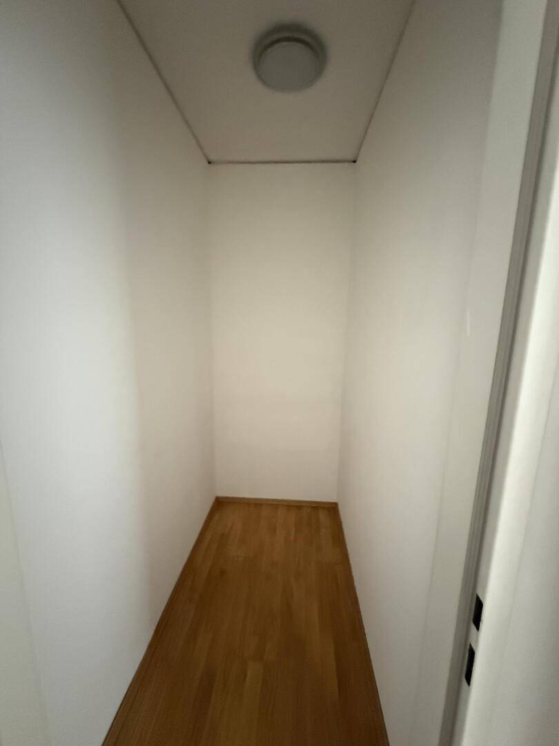 Praktischer Abstellraum mit Parkettboden und weißen Wänden für zusätzlichen Stauraum.