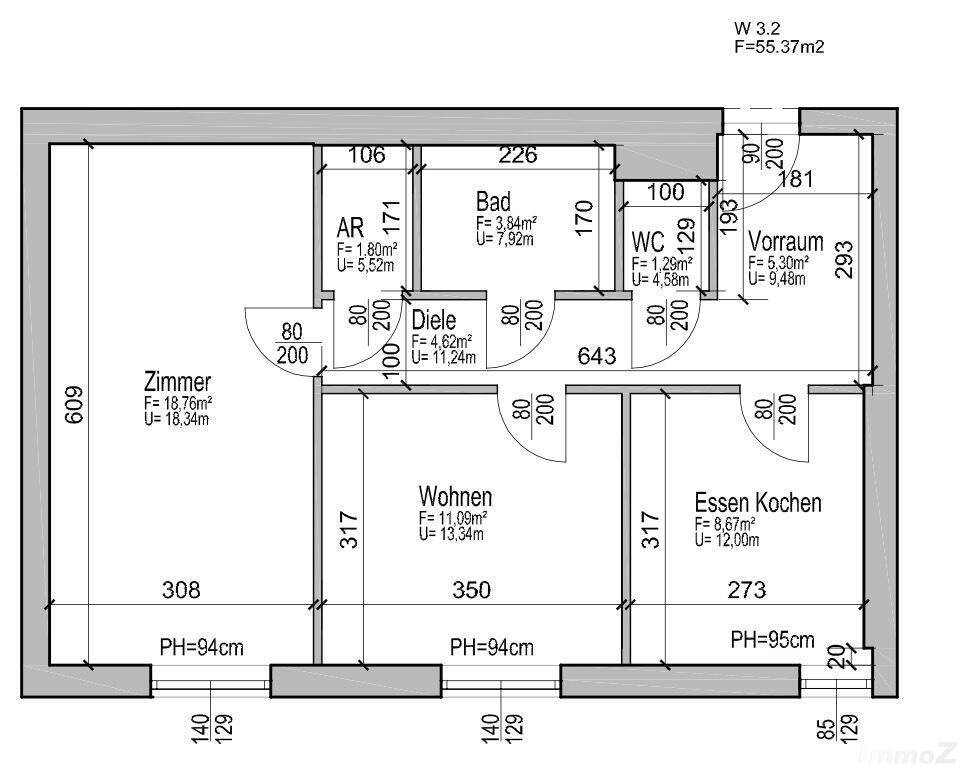 Grundriss der Wohnung mit Zimmern, Bad, WC und Abstellraum, Gesamtfläche 55.37m².