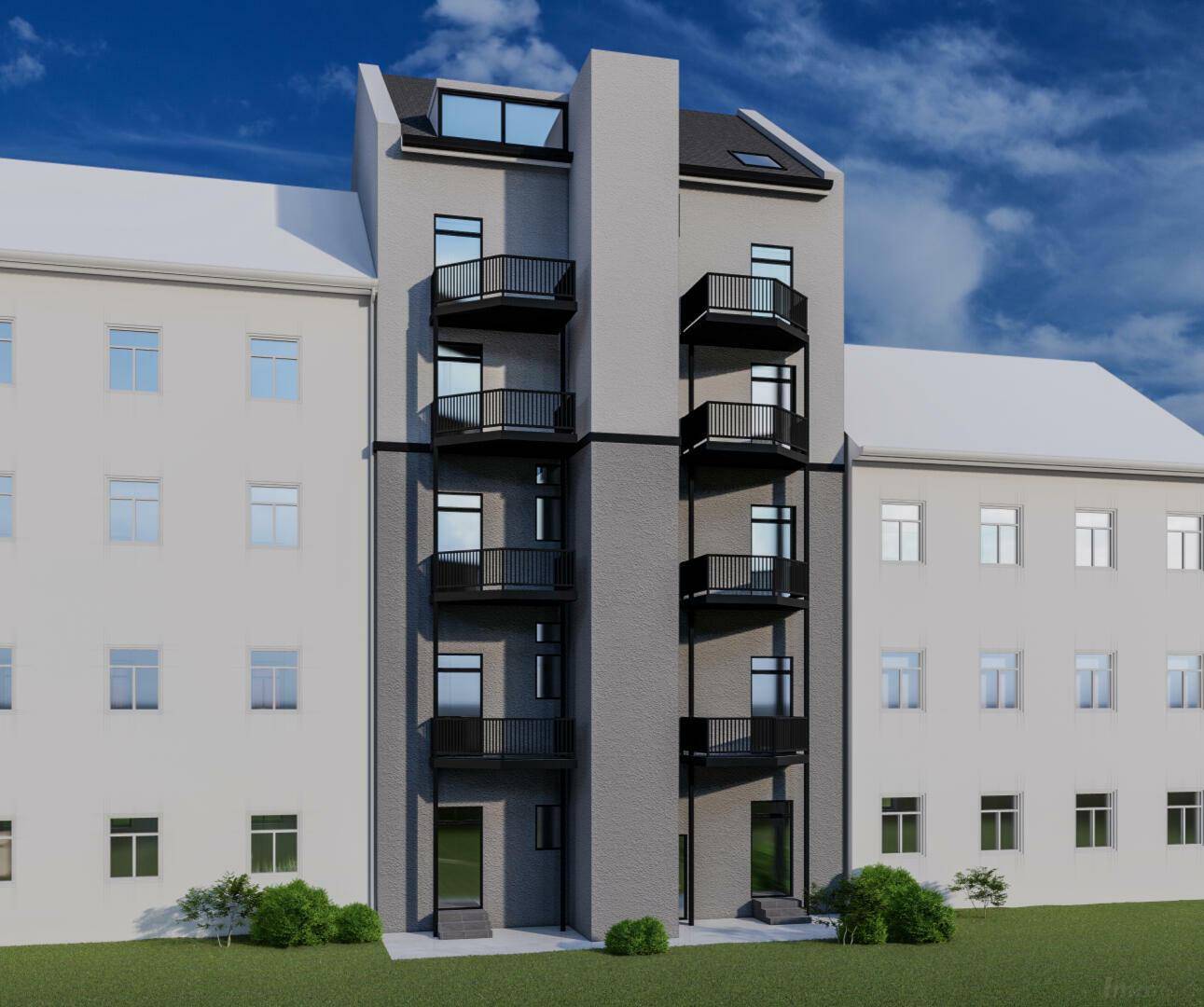 Visualisierung der Gebäuderückseite mit mehreren Balkonen und moderner, grauer Fassade.