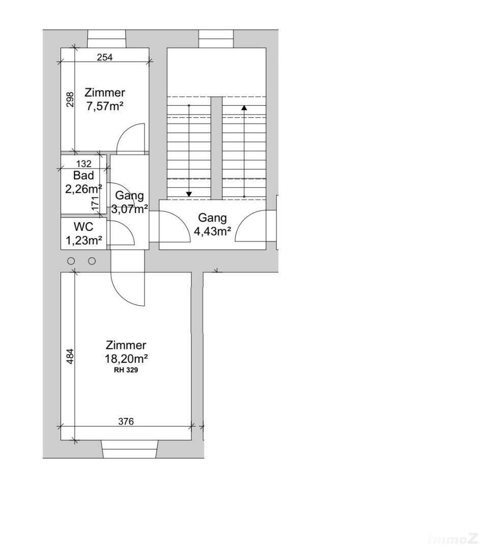 Grundrissplan zeigt die Aufteilung der Zimmer, Bad und WC mit Flächenangaben.