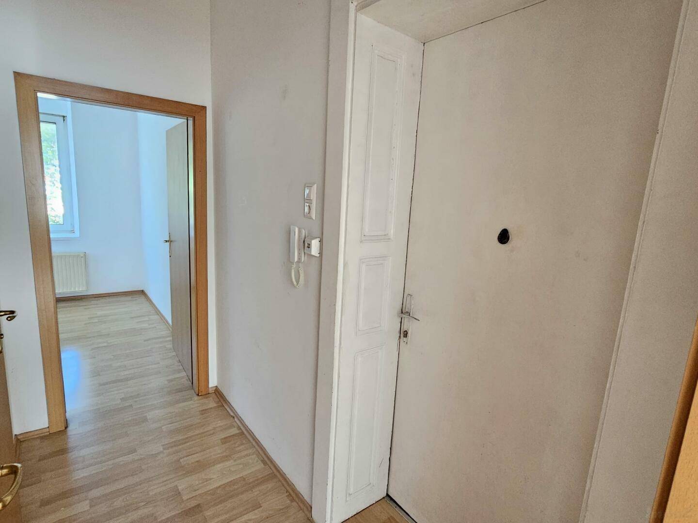 Flur mit Holzböden und mehreren Türen, der zu den verschiedenen Räumen der Wohnung führt.