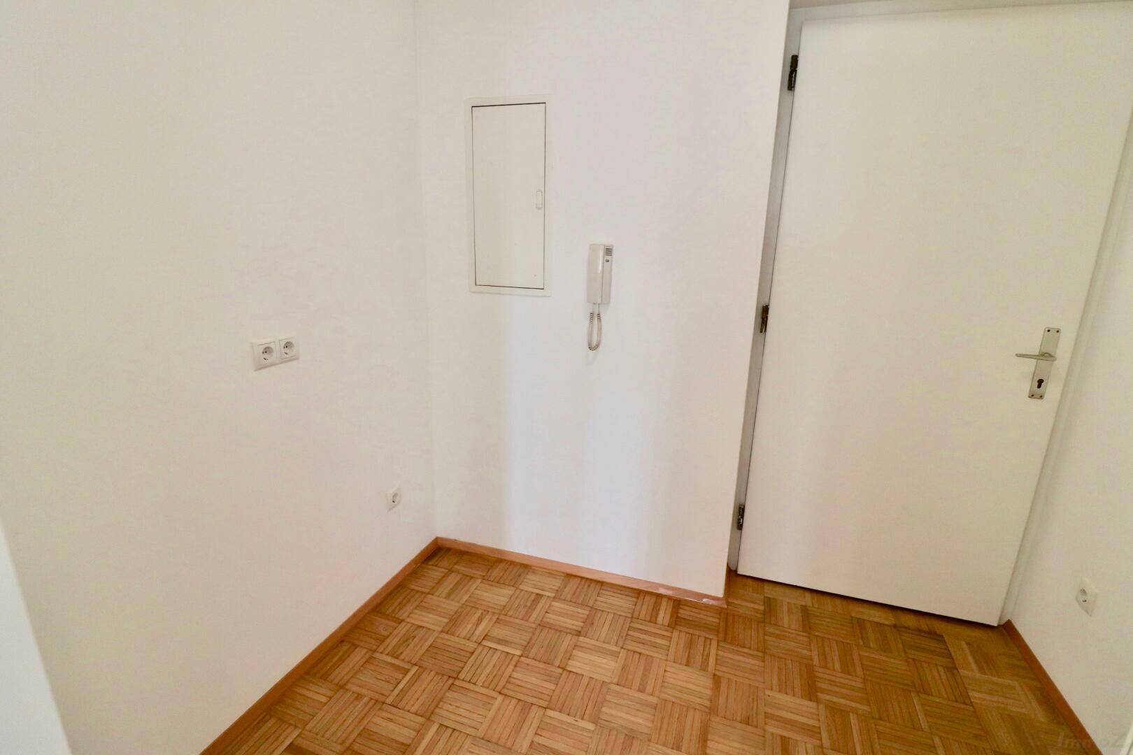 Heller Eingangsbereich mit Parkettboden und Gegensprechanlage.