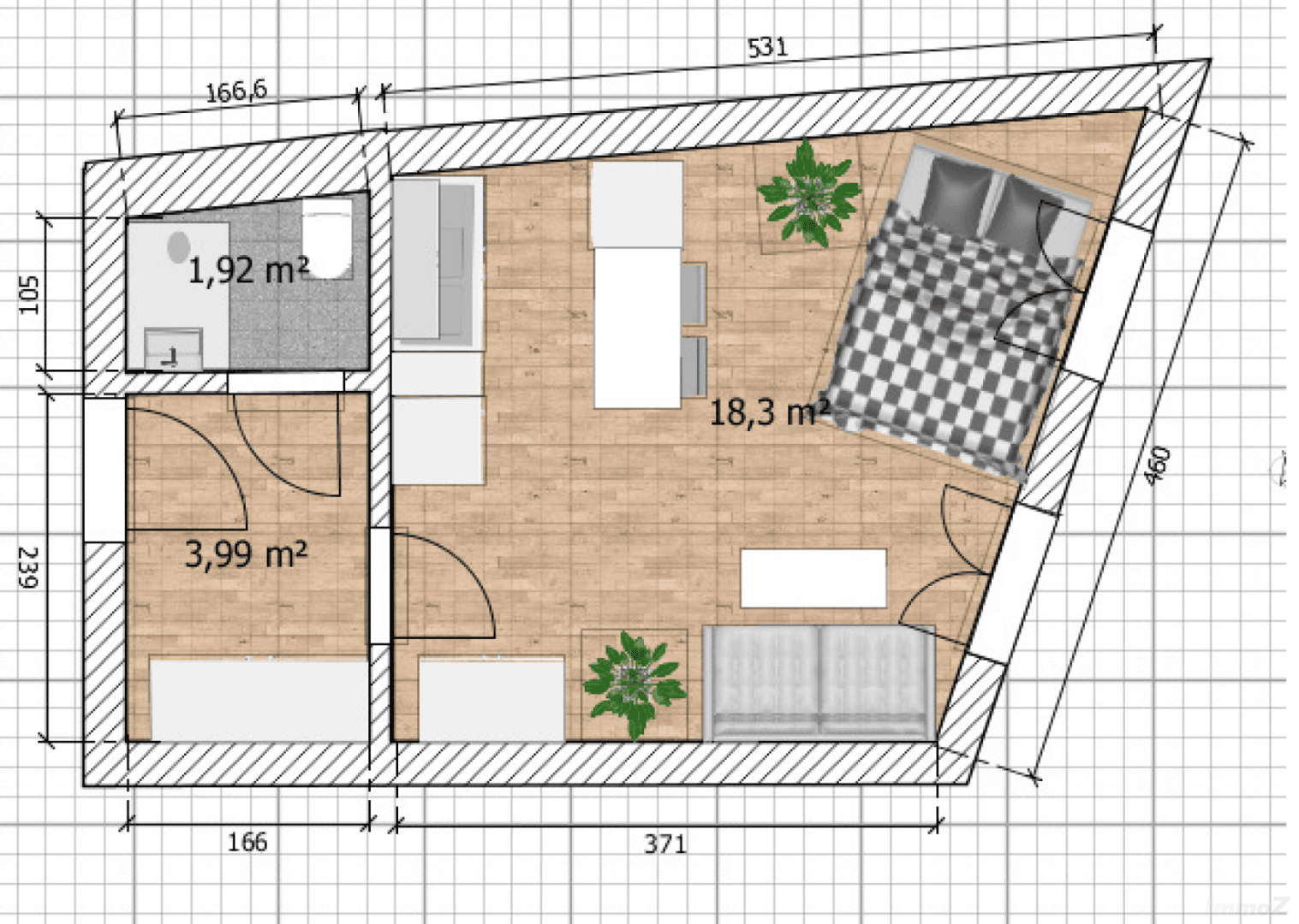 Grundriss einer Wohnung mit Schlafzimmer, offenem Wohnbereich und Badezimmer.