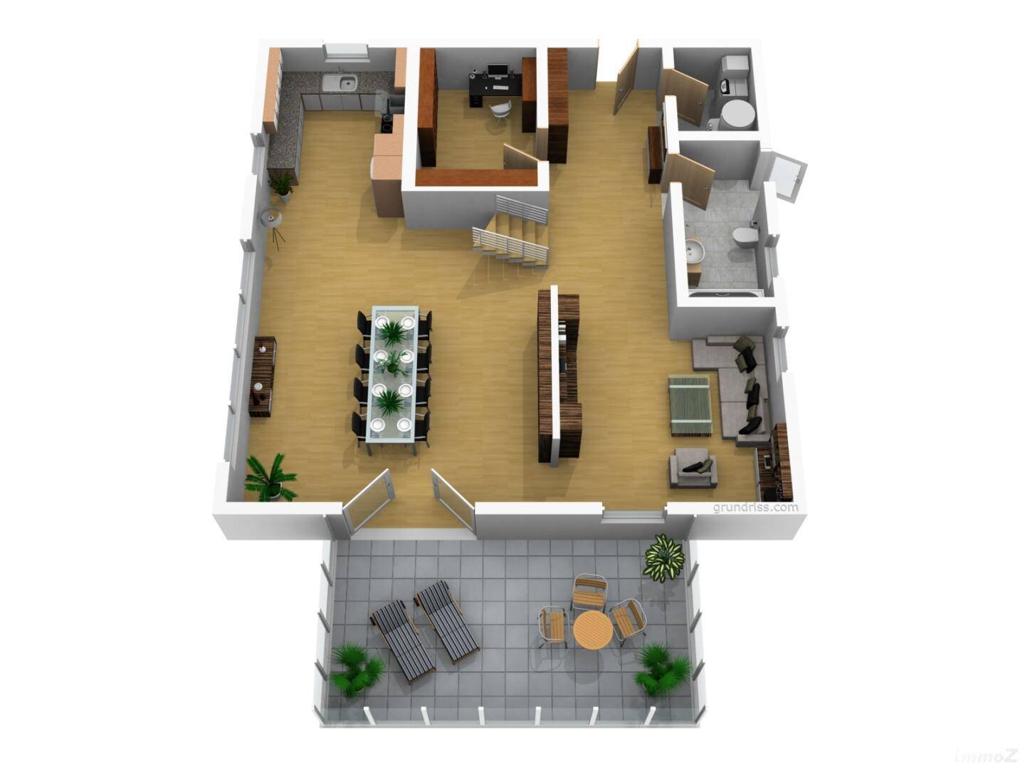 3D-Grundriss des Erdgeschosses mit offener Küche, Essbereich und Terrasse.